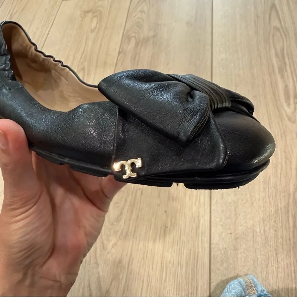 Tory Burch Black Leather Bow Flats